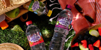 Bottles of Highland Spring flavours water at a picnic with food spilled out onto a patch of grass.