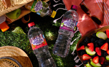Bottles of Highland Spring flavours water at a picnic with food spilled out onto a patch of grass.
