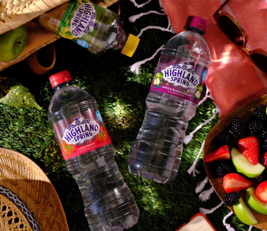 Embracing hydration with expanded flavoured range from Highland Spring Bottles of Highland Spring flavours water at a picnic with food spilled out onto a patch of grass.