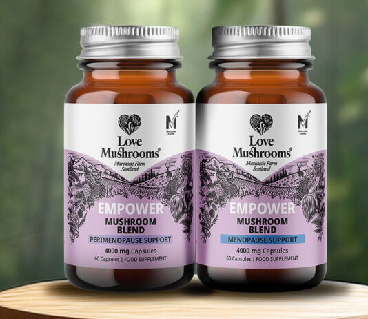 Scottish Love Mushrooms loved by menopause creditation collective Two jars of Love Mushrooms menopause range.
