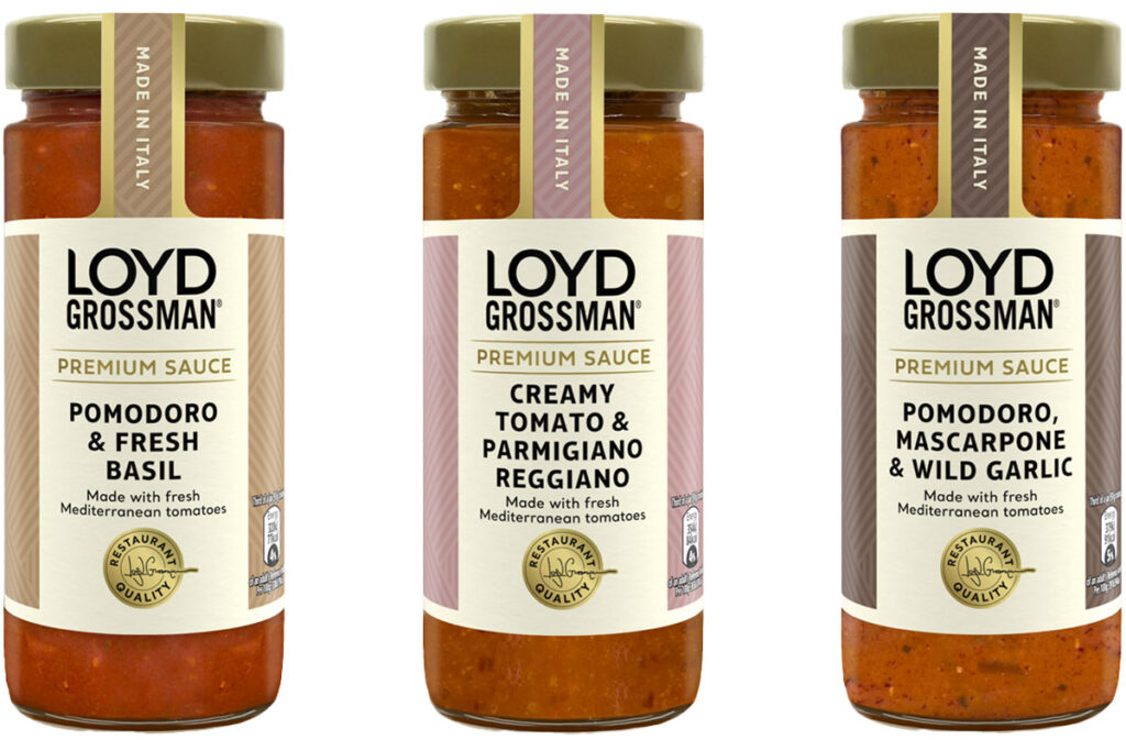 Pack shots of Loyd Grossman sauces consisting of Pomodoro & Fresh Basil, Creamy Tomato & Parmigiano Reggiano and Pomodoro, Mascarpone & Wild Garlic.