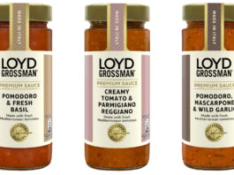 Pack shots of Loyd Grossman sauces consisting of Pomodoro & Fresh Basil, Creamy Tomato & Parmigiano Reggiano and Pomodoro, Mascarpone & Wild Garlic.