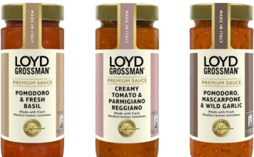 Pack shots of Loyd Grossman sauces consisting of Pomodoro & Fresh Basil, Creamy Tomato & Parmigiano Reggiano and Pomodoro, Mascarpone & Wild Garlic.