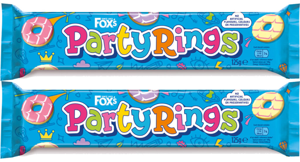 Pack shots of Fox's Party Rings biscuits.