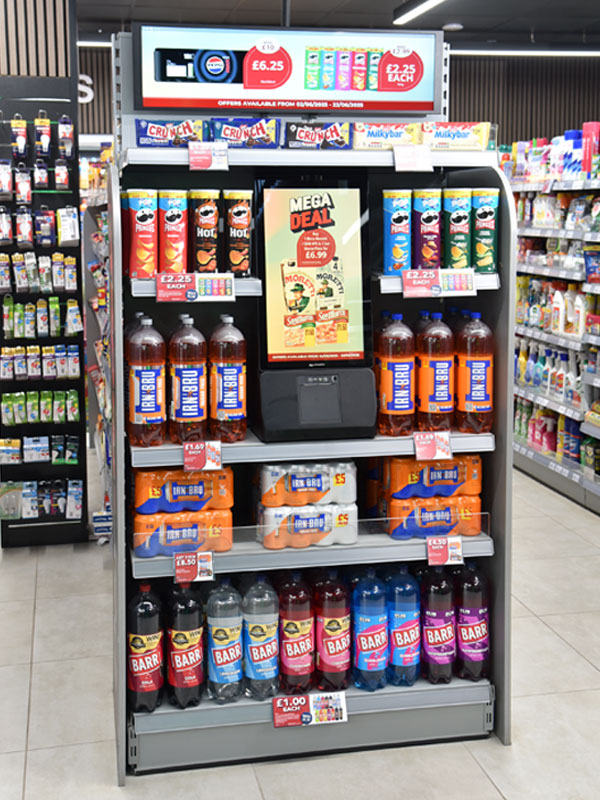 UWS's promotional touch screen is in the middle of a store display highlighting current products on offer in the store.
