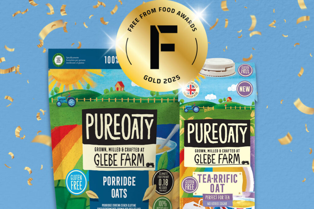 Pack shots of PureOaty Porridge Oats and PureOaty Tea-Riffic Oat Milk against blue background and golden confetti around it. The Gold award for the Free From Food Awards 2025.