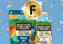 Pack shots of PureOaty Porridge Oats and PureOaty Tea-Riffic Oat Milk against blue background and golden confetti around it. The Gold award for the Free From Food Awards 2025.