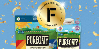 Pack shots of PureOaty Porridge Oats and PureOaty Tea-Riffic Oat Milk against blue background and golden confetti around it. The Gold award for the Free From Food Awards 2025.