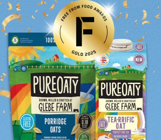 Pack shots of PureOaty Porridge Oats and PureOaty Tea-Riffic Oat Milk against blue background and golden confetti around it. The Gold award for the Free From Food Awards 2025.