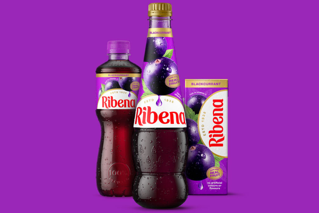 Pack shots of Ribena 500ml bottle, Ribena Squash and Ribena Carton with the 2025 makeover design against a purple background.
