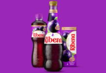 Pack shots of Ribena 500ml bottle, Ribena Squash and Ribena Carton with the 2025 makeover design against a purple background.