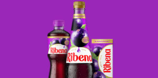 Pack shots of Ribena 500ml bottle, Ribena Squash and Ribena Carton with the 2025 makeover design against a purple background.