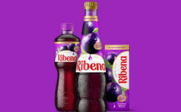 Pack shots of Ribena 500ml bottle, Ribena Squash and Ribena Carton with the 2025 makeover design against a purple background.