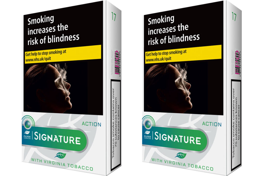 Packshots of Signature Action menthol capsule range in a 17-pack format.