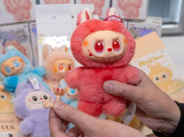 A person holds a red Labubu doll in one hand with small pieces from the doll in the other hand.