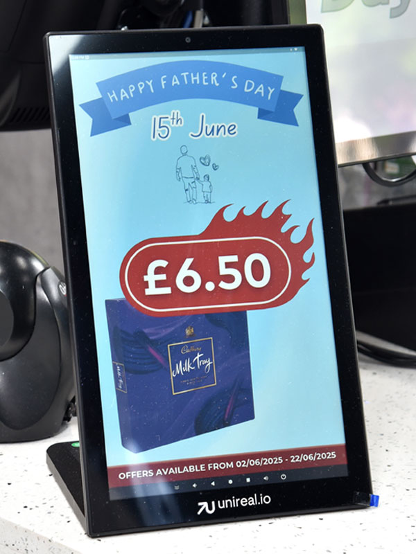 Tablet screen inside a store with a promotional incentive on it.