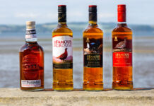 Bottle of The Famous Grouse whisky and The Naked Malt are lined up on a stone wall with an ocean view behind them.