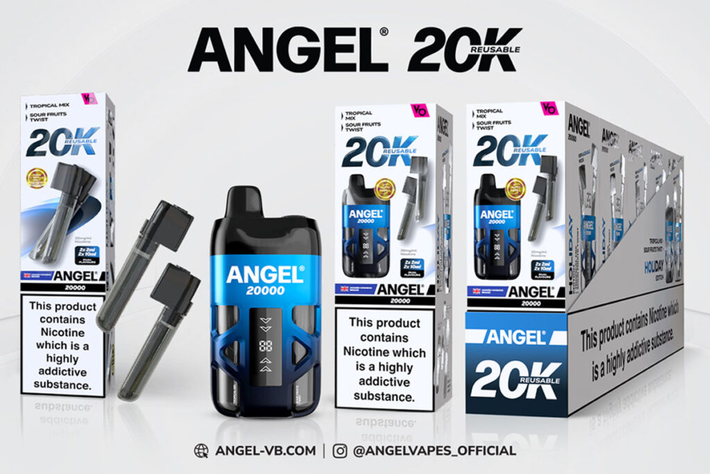 Promotional image of Angel 20k Holiday Collection vapes with its Tropical Ice variant championed in the image.