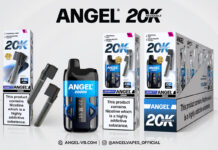 Promotional image of Angel 20k Holiday Collection vapes with its Tropical Ice variant championed in the image.