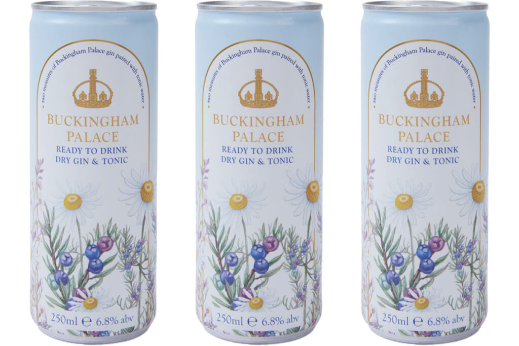 Pack shots of Buckingham Palace Ready To Drink Dry Gin & Tonic 250ml slimline cans.