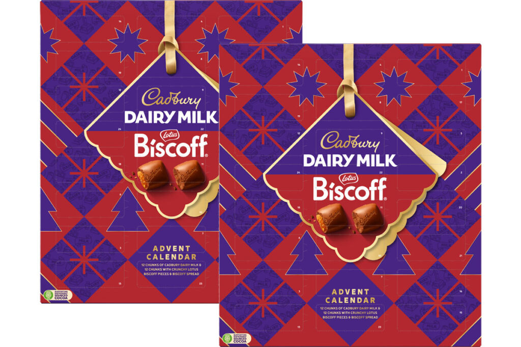 Pack shots of Cadbury Biscoff Advent Calendar.