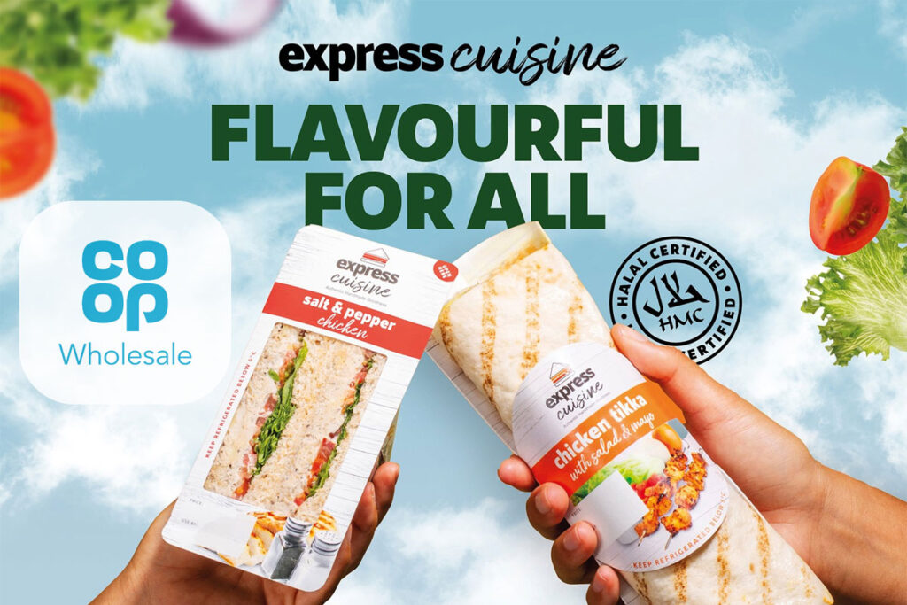 Image of the Express Cuisine food to go range launching across Co-op Wholesale including a Salt & Pepper Chicken Sandwich and Chicken Tikka Wrap.