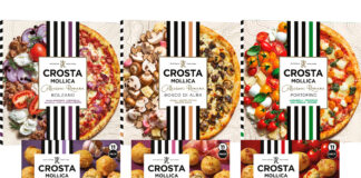 Crosta Mollica Collezione Romana pack shots including Portofino, Bosco Di Alba and Bolzano variants. Crosta Mollica Pizzelle Dough Bites including Tomato & Olive Pizzelle, Garlic & Chive Pizzelle and Speck & Ricotta Pizzelle packshots.