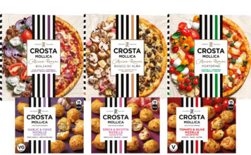 Crosta Mollica Collezione Romana pack shots including Portofino, Bosco Di Alba and Bolzano variants. Crosta Mollica Pizzelle Dough Bites including Tomato & Olive Pizzelle, Garlic & Chive Pizzelle and Speck & Ricotta Pizzelle packshots.