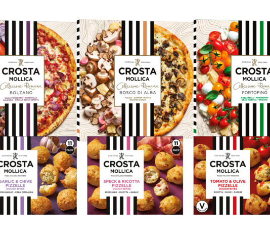 Crosta Mollica builds Italian pizza experience at-home with new Collezione Romana range Crosta Mollica Collezione Romana pack shots including Portofino, Bosco Di Alba and Bolzano variants. Crosta Mollica Pizzelle Dough Bites including Tomato & Olive Pizzelle, Garlic & Chive Pizzelle and Speck & Ricotta Pizzelle packshots.