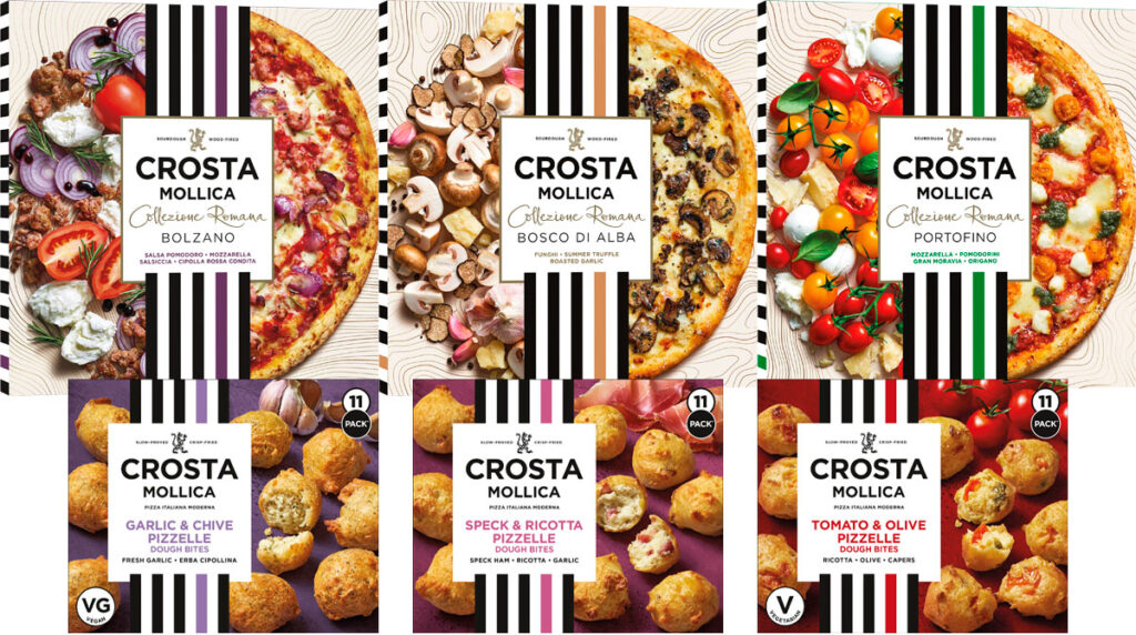 Crosta Mollica Collezione Romana pack shots including Portofino, Bosco Di Alba and Bolzano variants. Crosta Mollica Pizzelle Dough Bites including Tomato & Olive Pizzelle, Garlic & Chive Pizzelle and Speck & Ricotta Pizzelle packshots.