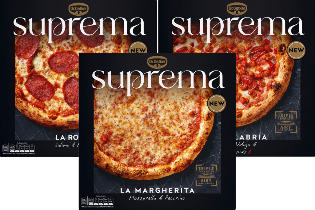 Dr. Oetker Suprema range of frozen pizzas with La Calabria, La Romana and La Magherita.
