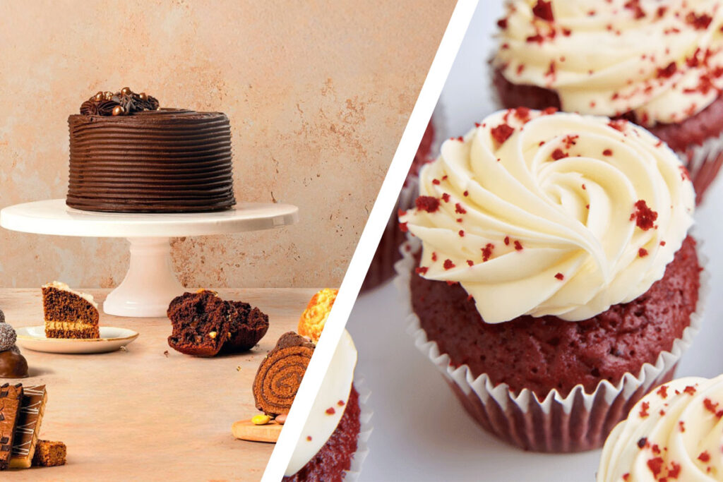 The image on the left showcases Finsbury Food Group cakes and bakes, the image on the right shows Lola's Cupcakes Red Velvet cupcakes. A diagonal white line separates the images in the middle.