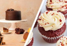 The image on the left showcases Finsbury Food Group cakes and bakes, the image on the right shows Lola's Cupcakes Red Velvet cupcakes. A diagonal white line separates the images in the middle.