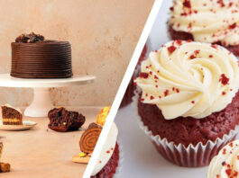 Finsbury Food Group acquires majority stake in Lola’s Cupcakes The image on the left showcases Finsbury Food Group cakes and bakes, the image on the right shows Lola's Cupcakes Red Velvet cupcakes. A diagonal white line separates the images in the middle.