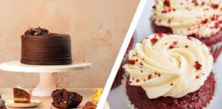 The image on the left showcases Finsbury Food Group cakes and bakes, the image on the right shows Lola's Cupcakes Red Velvet cupcakes. A diagonal white line separates the images in the middle.