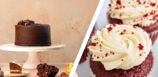 The image on the left showcases Finsbury Food Group cakes and bakes, the image on the right shows Lola's Cupcakes Red Velvet cupcakes. A diagonal white line separates the images in the middle.