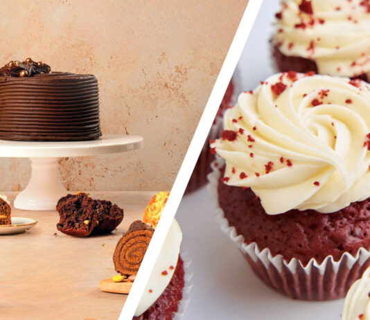 Finsbury Food Group acquires majority stake in Lola’s Cupcakes The image on the left showcases Finsbury Food Group cakes and bakes, the image on the right shows Lola's Cupcakes Red Velvet cupcakes. A diagonal white line separates the images in the middle.