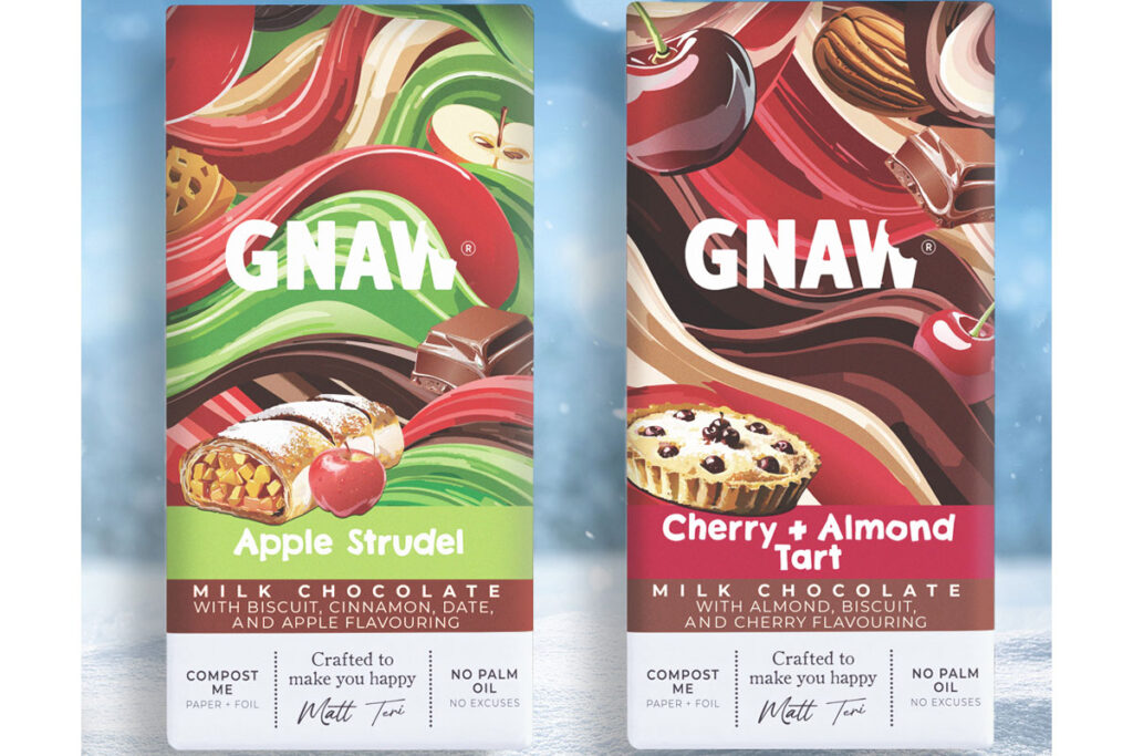 Pack shots of Gnaw Chocolate Apple Studel and Cherry & Almond Tart variants with a snow scene in the background.
