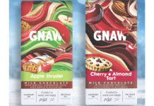 Pack shots of Gnaw Chocolate Apple Studel and Cherry & Almond Tart variants with a snow scene in the background.