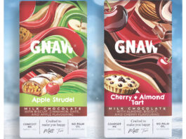 Pack shots of Gnaw Chocolate Apple Studel and Cherry & Almond Tart variants with a snow scene in the background.