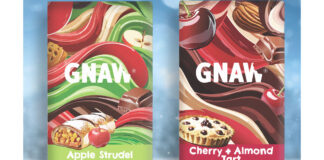 Pack shots of Gnaw Chocolate Apple Studel and Cherry & Almond Tart variants with a snow scene in the background.