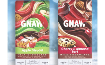 Pack shots of Gnaw Chocolate Apple Studel and Cherry & Almond Tart variants with a snow scene in the background.