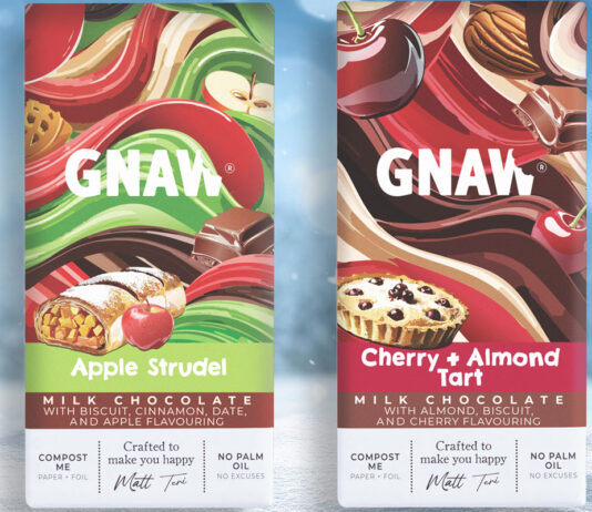 Gnaw Chocolate takes inspiration from classic puds in Christmas range Pack shots of Gnaw Chocolate Apple Studel and Cherry & Almond Tart variants with a snow scene in the background.