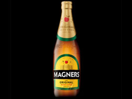 Magners Irish Cider unveils new look across the range Bottle of 2025 redesign for Magners cider against a black background.