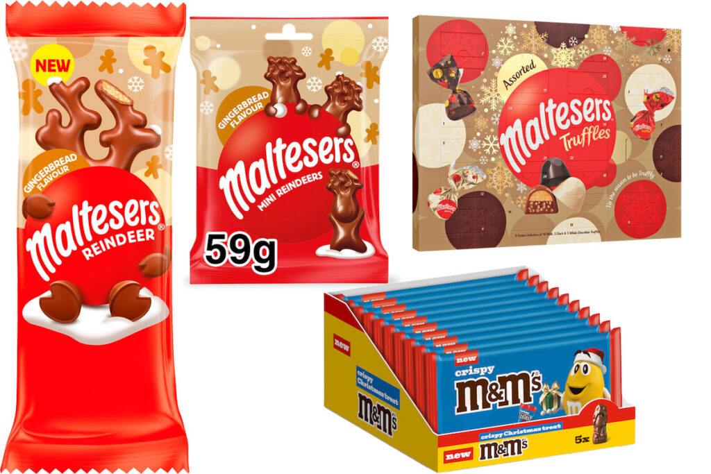 Pack shots of Mars Wrigley's 2025 Christmas range with Maltesers Reindeer Gingerbread Flavour, Maltesers Mini Reindeers Gingerbread Flavour, Maltesers Assorted Truffles Advent Calendar and Crispy M&M's Santa Five Packs.