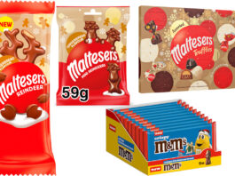 Pack shots of Mars Wrigley's 2025 Christmas range with Maltesers Reindeer Gingerbread Flavour, Maltesers Mini Reindeers Gingerbread Flavour, Maltesers Assorted Truffles Advent Calendar and Crispy M&M's Santa Five Packs.