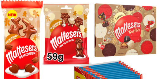 Pack shots of Mars Wrigley's 2025 Christmas range with Maltesers Reindeer Gingerbread Flavour, Maltesers Mini Reindeers Gingerbread Flavour, Maltesers Assorted Truffles Advent Calendar and Crispy M&M's Santa Five Packs.
