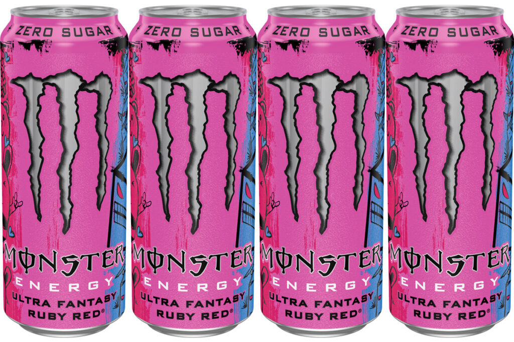 Pack shots of Monster Zero Sugar Ultra Fantasy Ruby Red.