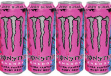 Pack shots of Monster Zero Sugar Ultra Fantasy Ruby Red.