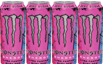 Pack shots of Monster Zero Sugar Ultra Fantasy Ruby Red.